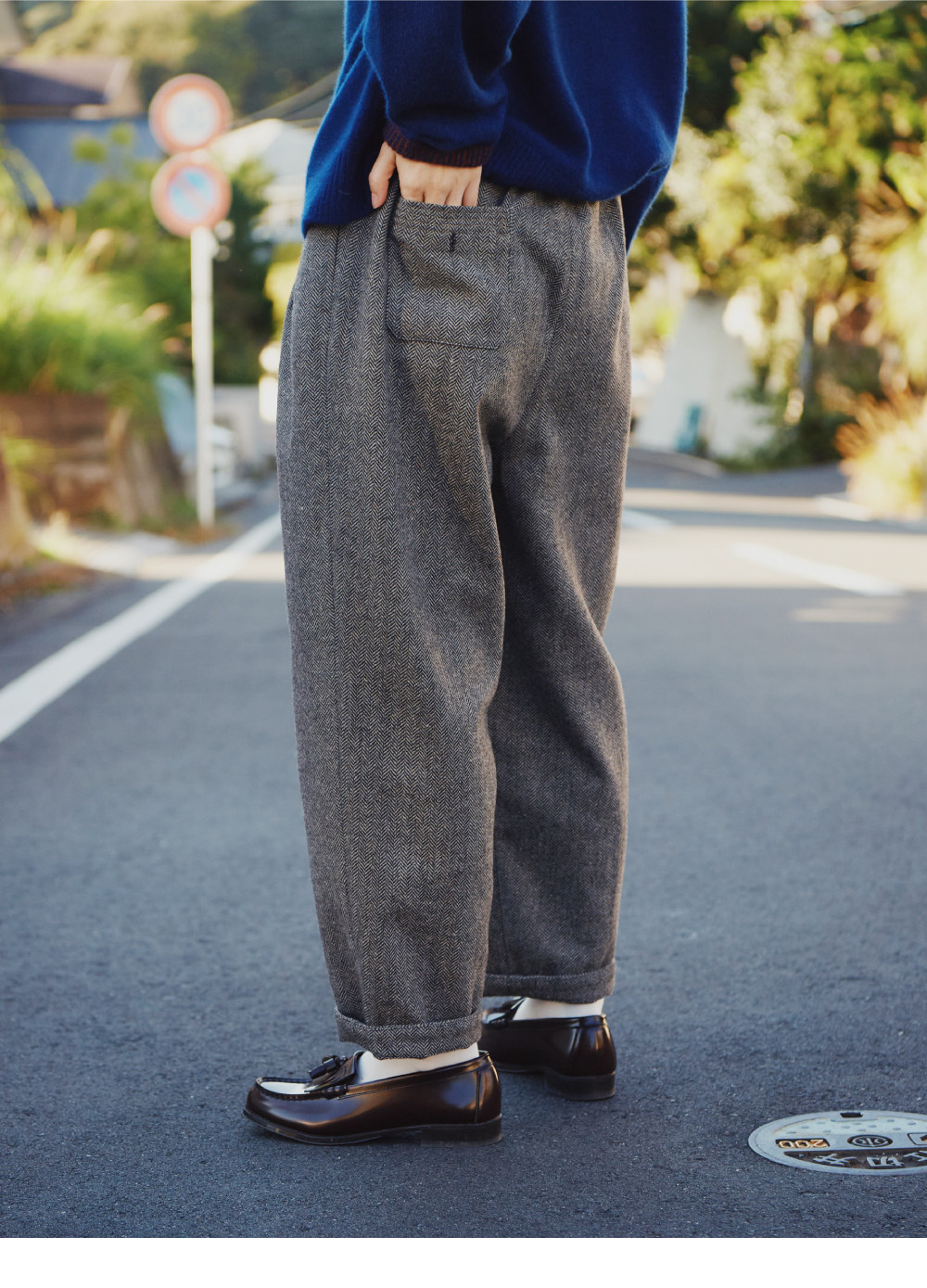 KOOW ヘリンボーン柄レトロウールスーツパンツ 快適なウエストの