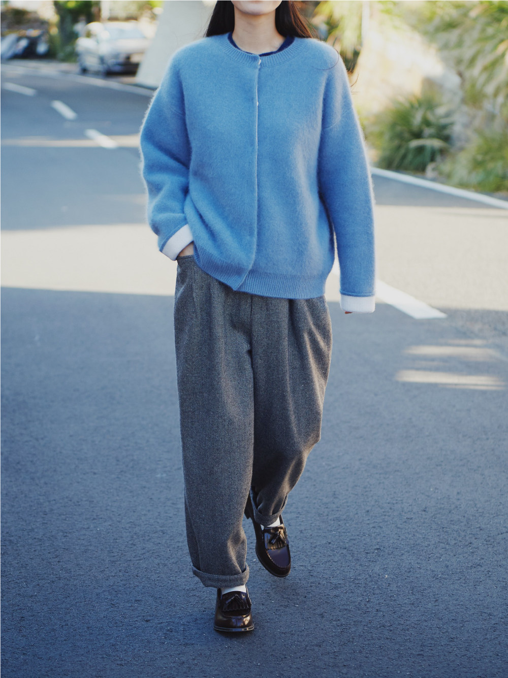 KOOW ヘリンボーン柄レトロウールスーツパンツ 快適なウエストの