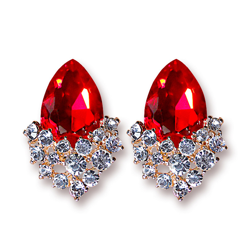 Korean version of the atmospheric ruby ​​diamond drop ear clip bride wedding banquet rhombus ear buckle crystal anti-allergic flash earrings