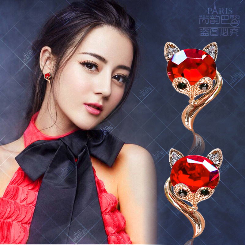 Korean Version Sexy Little Fox Ruby Earrings Earrings Clips Pure Silver Needle Ear Pin Student Earrings Original Design