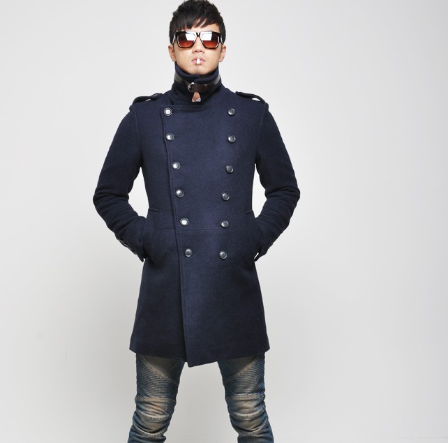 Korea 2021 winter handsome British style men's leather buckle decorative double breasted coat jacket