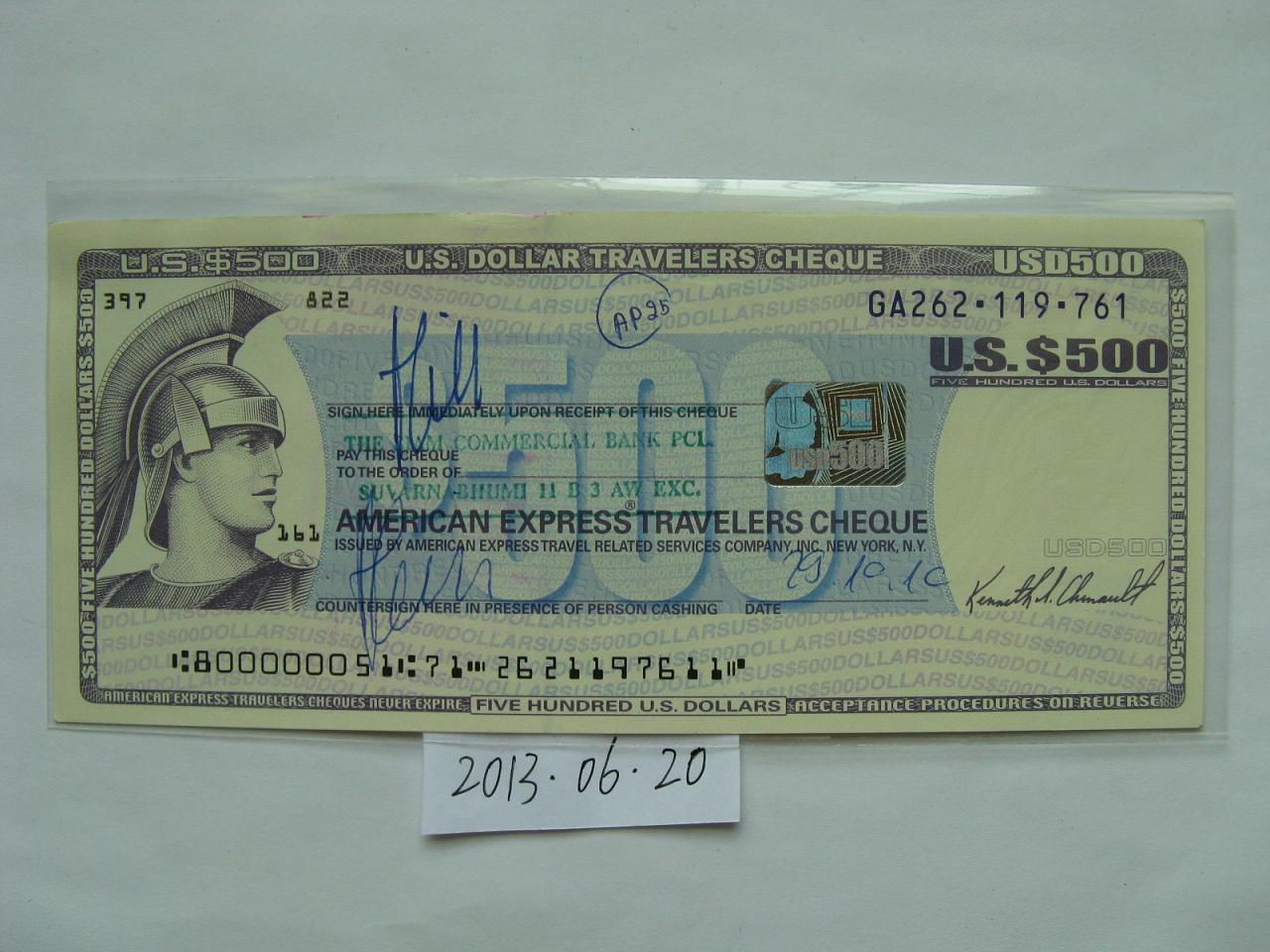 U.S. traveler's check $500