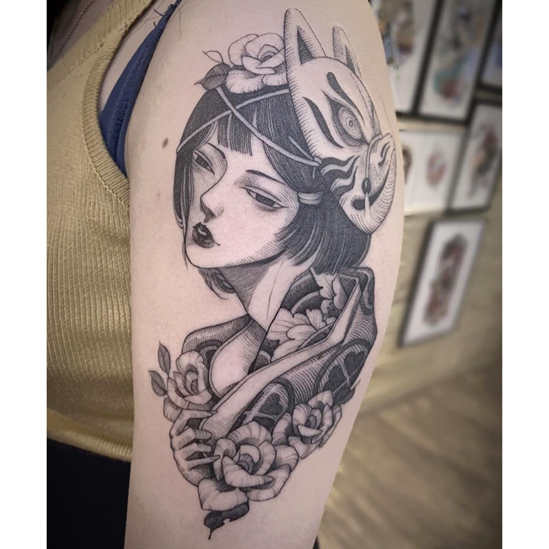 Full 15 yuan Japanese fox mask geisha flower arm tattoo stickers waterproof female long-lasting simulation ins wind Korean