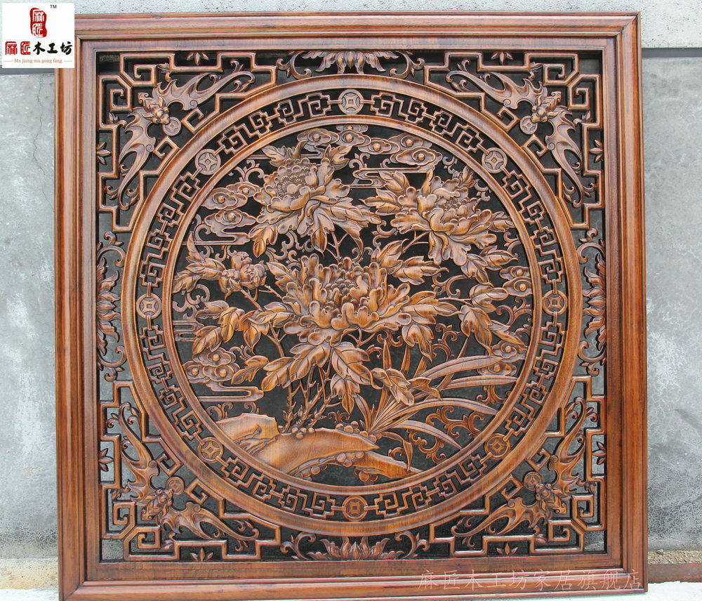 Dongyang wood carving camphor wood carving square pendant peony flower hollow carving living room porch pendant 100cm
