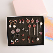 Korean Korean version of exquisite high-end micro-inlaid zircon ball rose pink small leaf earrings ear studs without earrings