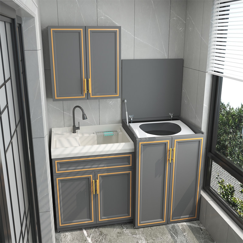 Space Aluminum Laundry Pool Balcony Washing Machine Cabinet Mate cabinet Upper Flap Wave Wheel Laundry Cabinet Custom Cut Corner