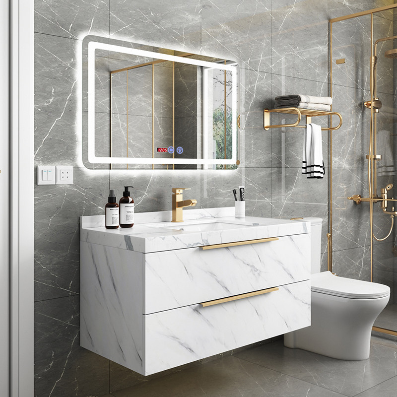 Light luxury intelligent bathroom cabinet combination Marble powder room sink double slot washbasin washbasin washbasin cabinet Modern and simple