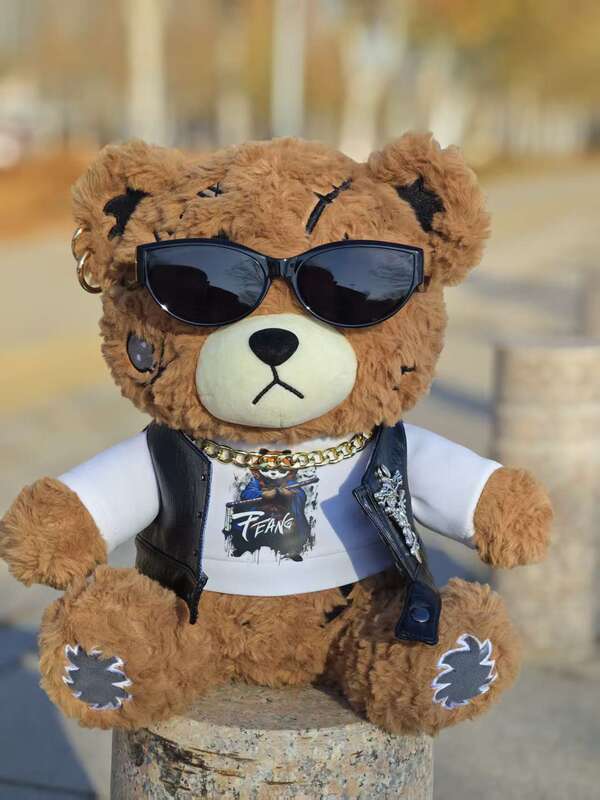 Trendy Motorcycle Teddy Bear Doll, Personalized Sunglasses, Gold Chain, Vest, Plush Toy, Boys' Gift, Desktop Decoration