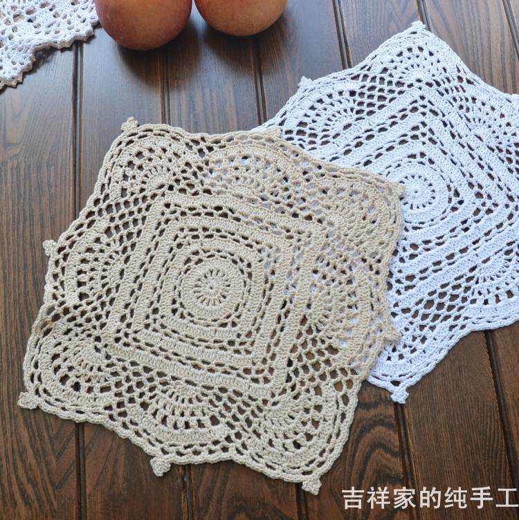 Auspicious Home Hand Crochet Hook Flower Table Cushion Pure Cotton Woven Disc Mat Senteo Hollowed-out Decorated Square Dining Mat