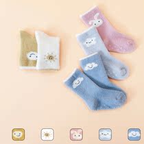 Baby socks autumn and winter mink velvet yarn plus velvet thickened childrens non-slip floor socks newborn baby cartoon tube