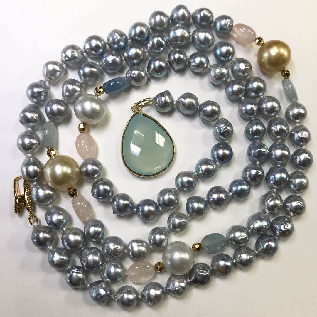 (Chunfeng Social Japan Direct purchase) Miss Ishihara Miss Pearl Necklace Green Jade Medullary Powder Crystal Sea Blue Treasure 81cm