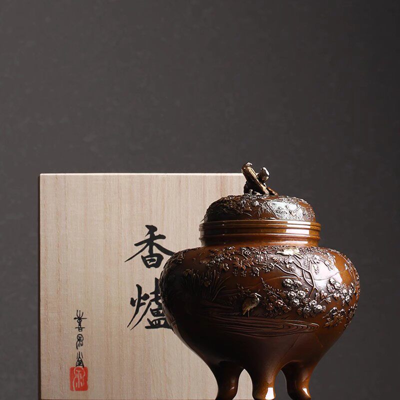 日本進口高岡銅器手工薰香爐村田宏作蠟型鑄銅雙龍耳大型香爐-Taobao-Tmall