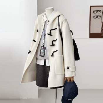 秋冬韩系奶白色双面羊绒大衣牛角扣连帽学院风毛呢外套女百搭HL62