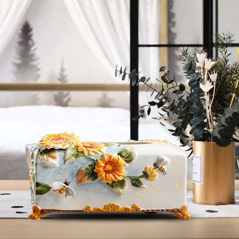 Sunflower Ceramic Tissue Box Sunflower Pattern Toilet Paper Box High-end American Decorative Tissue Box Home Gifts