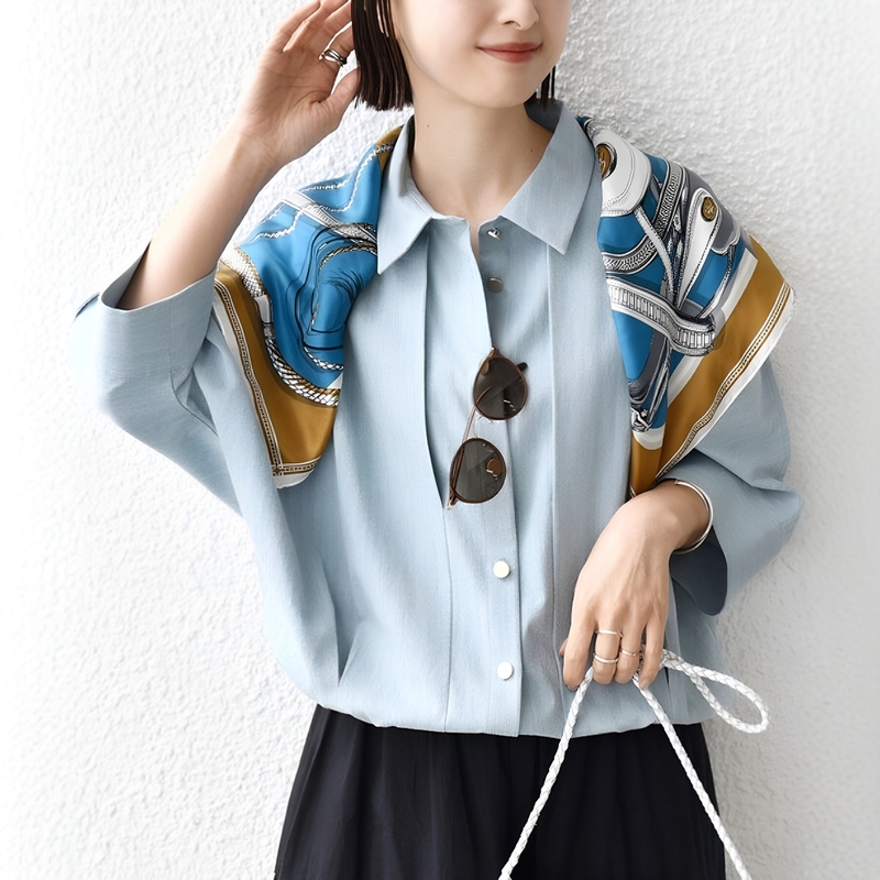 French-Style Summer Exquisite Design Loose-Fitting Waist-Cinching Top with a Turn-Down Collar, Three-Quarter Sleeves, Thin Short Casual Women's Shirt