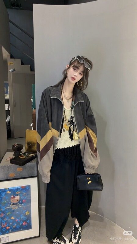Zl Designer Brand 2026 Autumn and Winter Sheep Leather Color-Blocked Leather Jacket Zl Designer Brand 2026 Autumn and Winter Sheep Leather Color-Blocked Leather Jacket