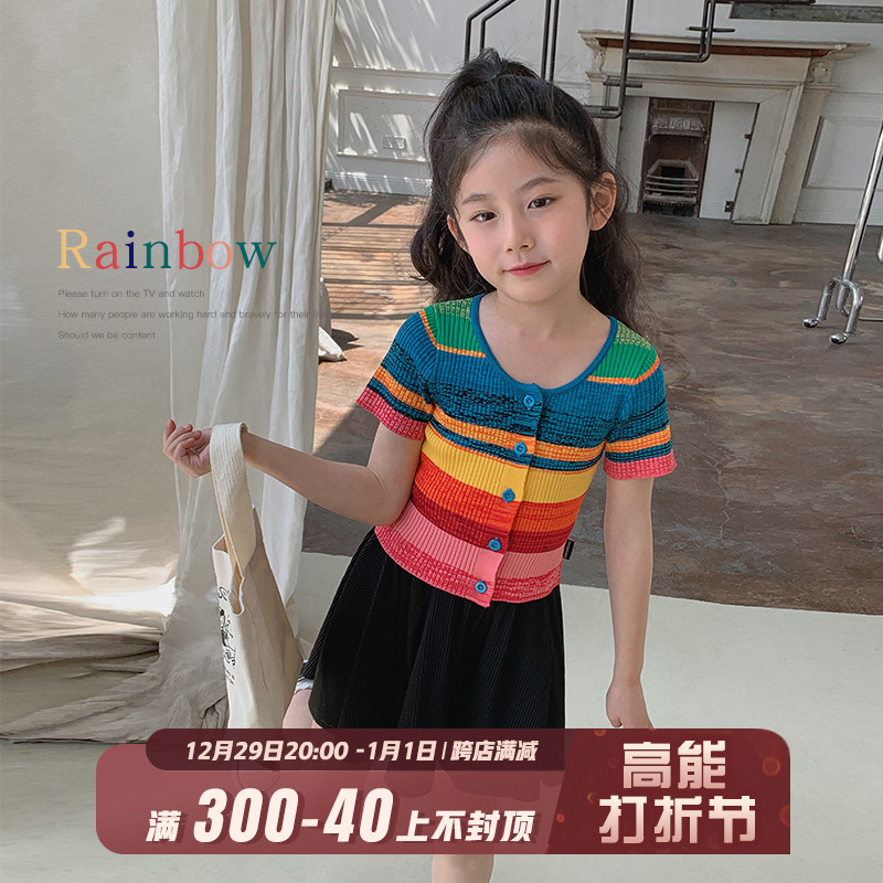 Chen Chen Mother Girl Colorful Striped Short Sleeves Pro 2023 New summer clothes Korean version Children's knitted sweatshirt blouses-Taobao