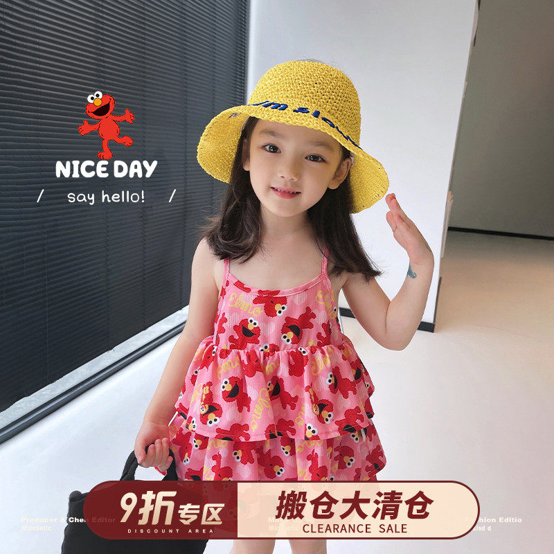 Chen Chen Mom girl clothes Sesame Street joint female baby full print suspenders Summer thin foreign style children's vest