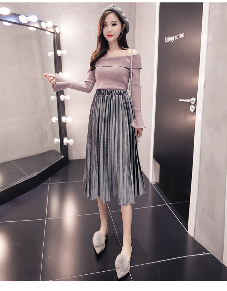 Mùa thu và mùa đông nhung vàng váy xếp li váy váy đáy váy dài swing lớn váy Một từ váy nữ chân váy hoa cúc