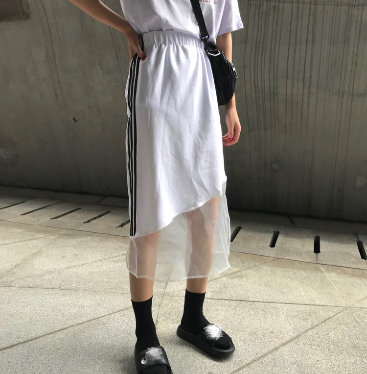 实拍实价~ 拼接网纱中长款显瘦不规则半身裙 2色