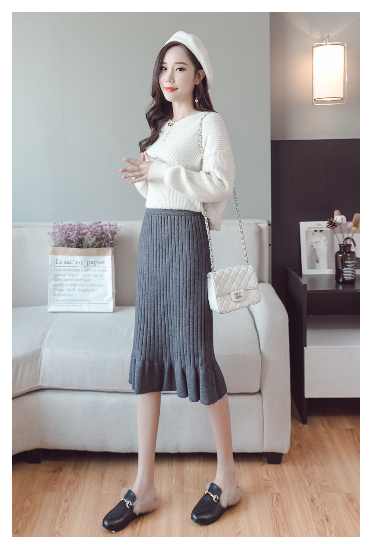 Mùa thu đông mới đan dày váy len bằng gỗ túi đeo hông váy qua đầu gối đuôi cá nửa váy nữ chân váy ôm