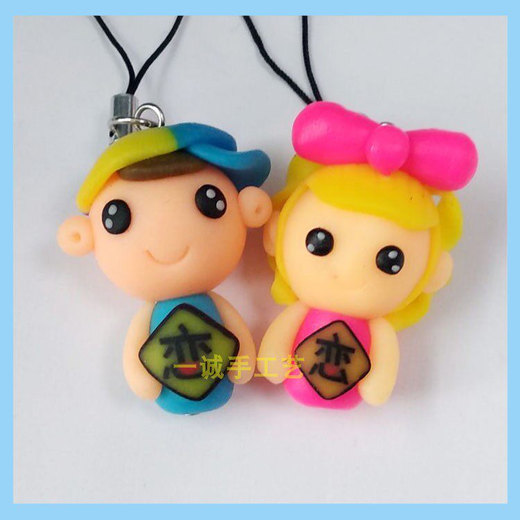 Love word couple small pendant soft pottery material hand-kneaded creative personality mobile phone chain bag decoration key chain