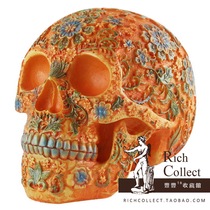 (Floral Barbarian spirit)Orange art carved skull Mexican Day of the Dead Halloween ornaments