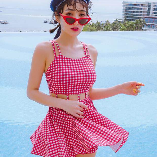 Clear Cabin Ammera Plaid Impression Female Swimsuit Two-piece Style Pendant With Skirt Four Corner Shorts Shorts Quick Dry Fabric With Chest Cushion