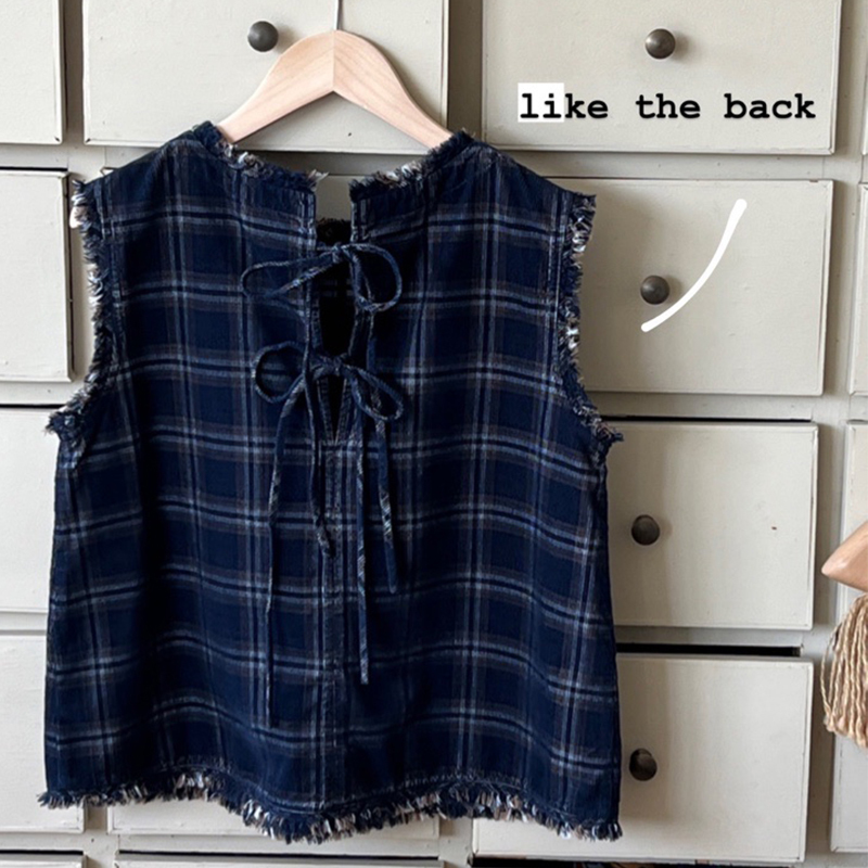 Letm Summer Color-Blocked Retro Plaid Frayed Edge Camisole with Back Tie, Unique Design Vest Top
