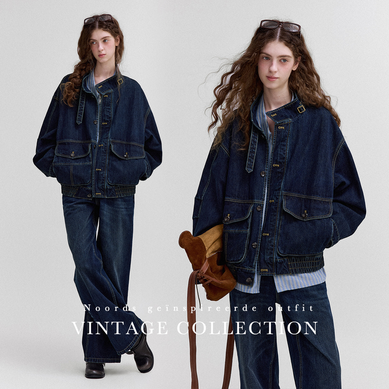 Letm Denim Retro Twill Washed Denim Large Pocket Silhouette Jacket High-Waisted Straight-Leg Jeans for Women