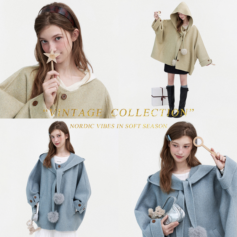 Letm Magic Winter'Retro Wool Double-Sided Woolen Cloak Handmade Coat for Women Scarf Collar Elf Hat