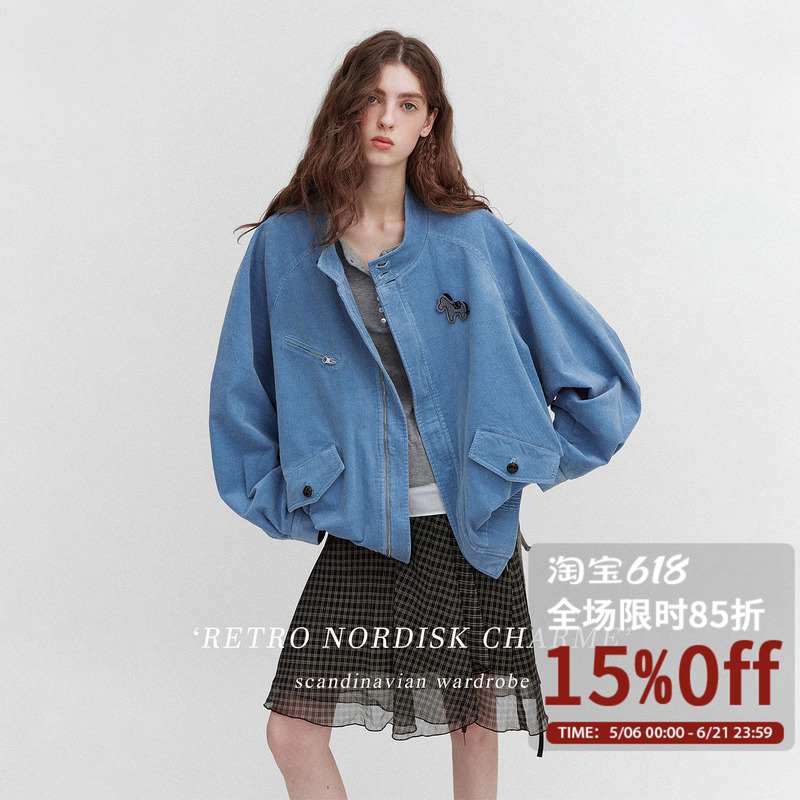 Letm Daydreamer'Retro Small Stand-Up Collar Pony Embroidery Patch Oversized Corduroy Jacket for Women