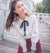 (Limited time spike) Korean version of college style fashion lapel lace bow tie-up Joker solid white shirt