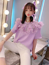 Short sleeve T-shirt women summer Korean Sweet College Wind Heavy Industry Pearl Drilling Pearl Pearl Pearl Link Link Lighted