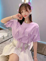Short sleeve T-shirt women summer new Korean version sweet heavy industry nail butterfly knot head and skinny gas tops