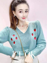 Winter New Joker Knitting Women Korean Sweet Academy Wind Mirror Embroidery Strawberry V-neck Pullover Bottom Sweater