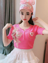 Knitted T-shirts Summer New Han Version Sweet Heavy Industry Nail Pearl Stereo Flowers Repair Slim Short-sleeved Top Tide