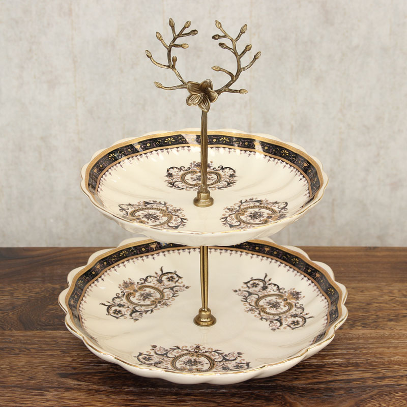 European - style vintage double - deck fruit disk American ceramic two - layer snack biscuit disk new Chinese creative swing