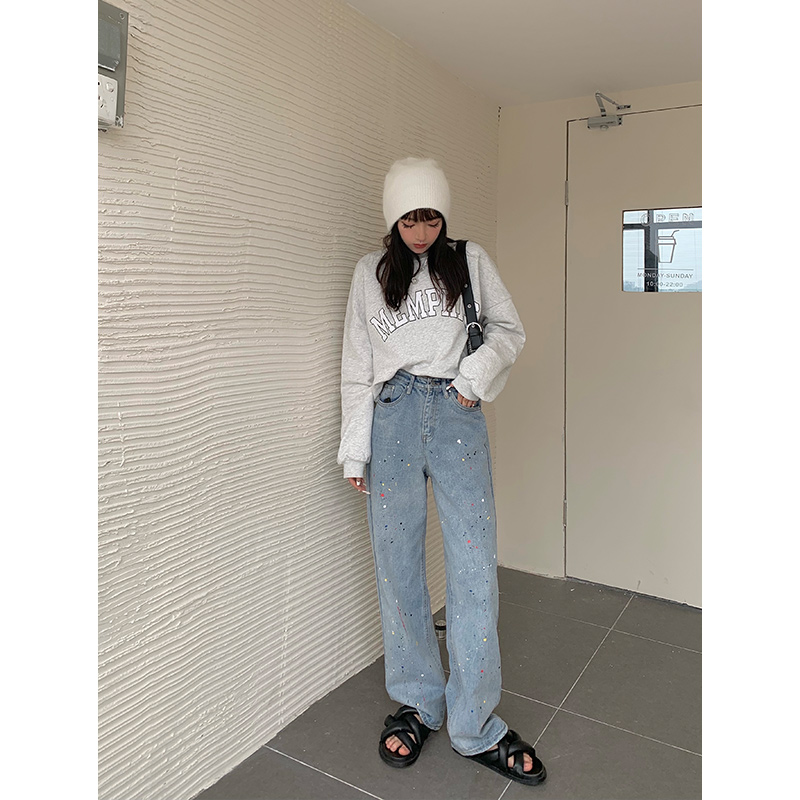 High waist straight pair jeans in spring 2021 new loose and thin retro - legged lap trousers