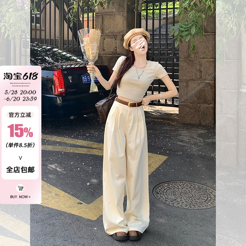 宋鎮根ハイウエストワイドレッグパンツレディースサマースーツパンツスモールカジュアルパンツドレープスリムストレートパンツモッピングパンツ