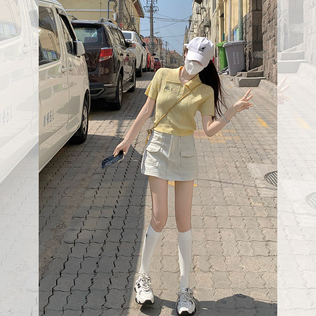 Song Zhengen ice silk sweater yellow right shoulder short-sleeved T-shirt women's summer new slim polo shirt short top