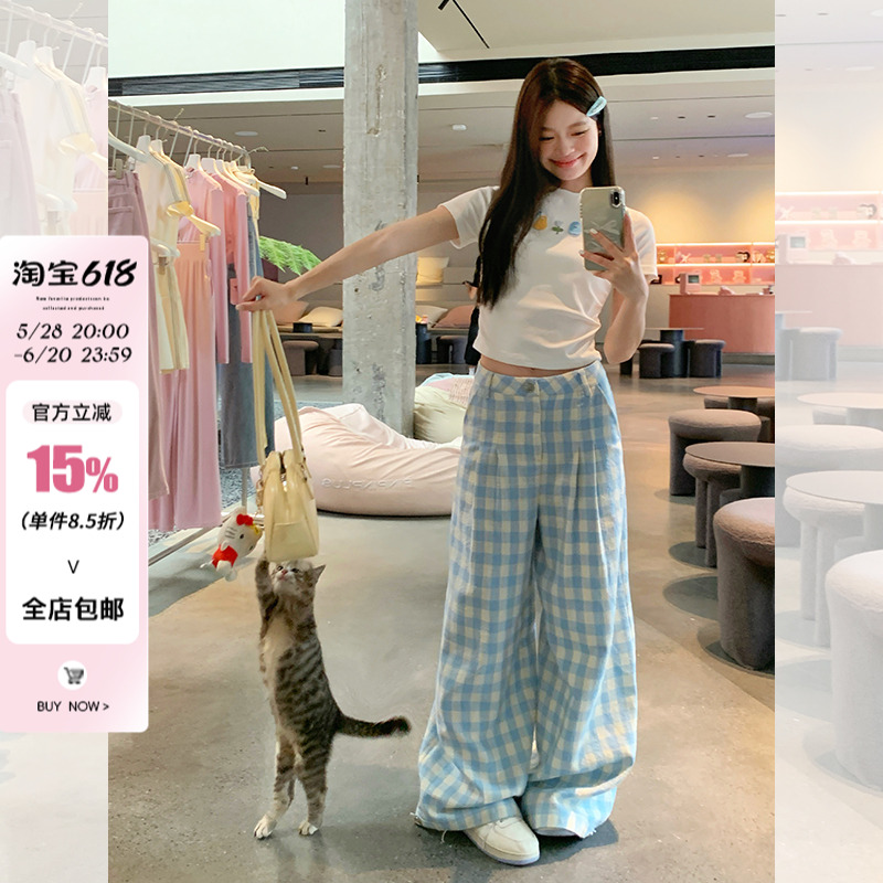 宋鎮根ブルーチェックパンツ山本パンツレディース夏小ストレートカジュアルパンツゆったりドレープワイドレッグパンツ