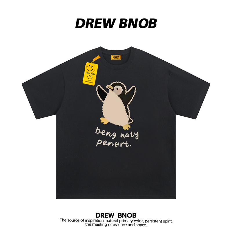 Drewbnob American Retro Trendy Brand Penguin Cartoon Print Short-Sleeved T-Shirt for Men and Women, Loose and Versatile, Couple Half-Sleeved