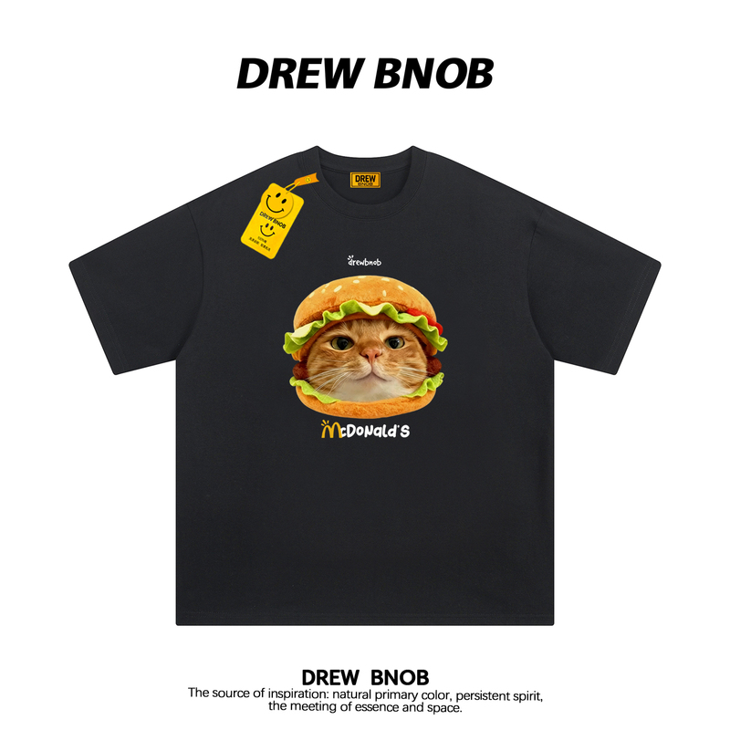 Drewbnob Trendy Brand Mcdonald's Hamburger Cat Print Short-Sleeved T-Shirt for Men and Women, Versatile Loose-Fitting Couple Half-Sleeved Ins Drewbnob Trendy Brand Mcdonald's Hamburger Cat Print Short-Sleeved T-Shirt for Men and Women, Versatile Loose-Fitting Couple Half-Sleeved Ins