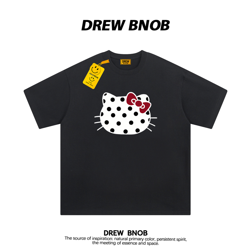 Drewbnob Trendy Brand Polka Dot Kitty Cat Print Short-Sleeved T-Shirt for Men and Women, American Street Style Loose Couple Half-Sleeve
