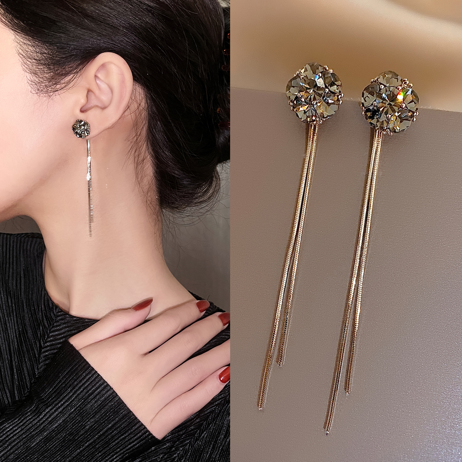 999 pure silver 925 foot silver pin grey jewel flow suearrings female long version of earnware with light and luxurious high level sensual needle