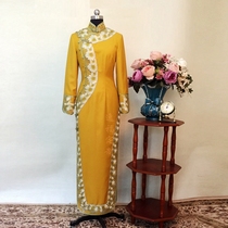  Yellow long old Shanghai lace cheongsam spring and autumn new Chinese dress dress banquet high-end customization