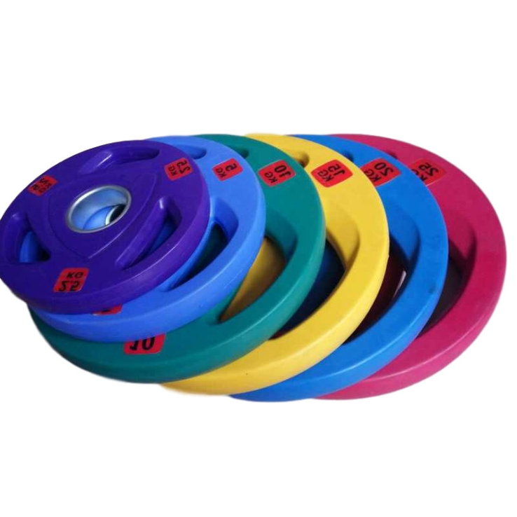 High-grade color rubber-coated barbell sheet natural rubber large aperture 50mm three-hole hand grab sheet weightlifting Austrian bar dumbbell sheet