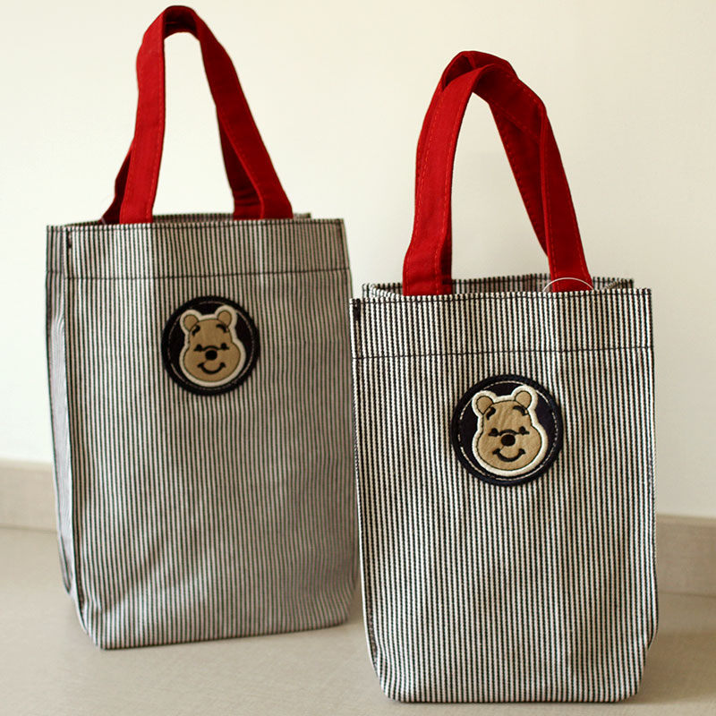 Cute Little Bear Striped Canvas Kettle Bag Cup Cover Outdoor small carrying bag Miscellaneous Cloth Bag Portable 