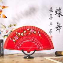 Spanish Dance Fan Red Double-sided Solid Wood Dance Fan Flag Robes Walk Show Stage Performance Fan Red Fan Folding Fan